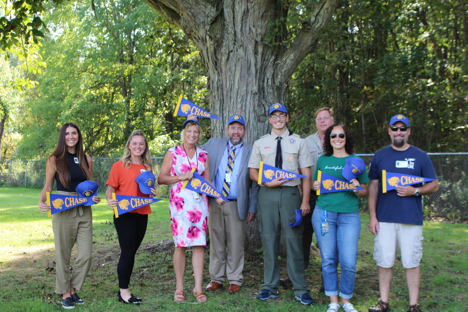 Many people contributed to the Chase School's outdoor classroom. Pictured are Cortney Larson, left Meaghan Mullalley-Gorr; MaryAnn Swensen; William Frandino; David Cooper; Troop 92 leader Paul Langowski; and David’s parents, Dina and David Cooper.